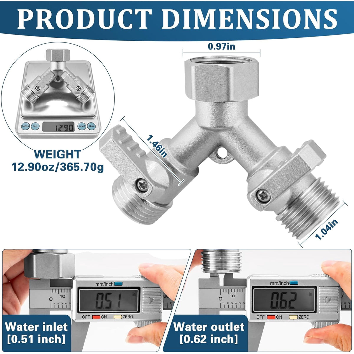 AOVOX 2‑Way Garden Hose Y Splitter, 304 Stainless Steel Lead‑Free Heavy‑Duty 3/4 in Full Flow Water Splitter.