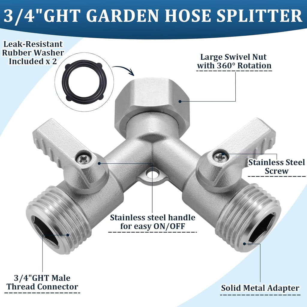 AOVOX 2‑Way Garden Hose Y Splitter, 304 Stainless Steel Lead‑Free Heavy‑Duty 3/4 in Full Flow Water Splitter.