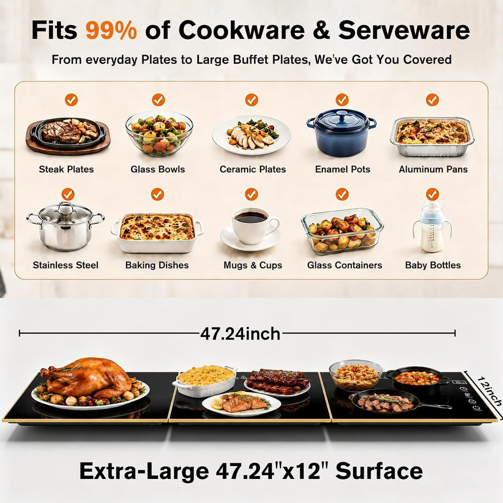 Food Warming Tray for Parties Buffet, Modular 1-3 Panel Electric Warming Tray, 47.2" x 12” Food Warmer with Rapid Heating,10 Temp Settings and 8-Hour Timer, Safe for All Tabletops,Holiday Gatherings.