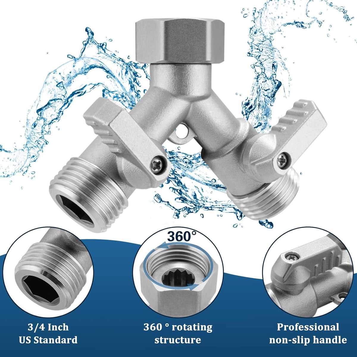 AOVOX 2‑Way Garden Hose Y Splitter, 304 Stainless Steel Lead‑Free Heavy‑Duty 3/4 in Full Flow Water Splitter.