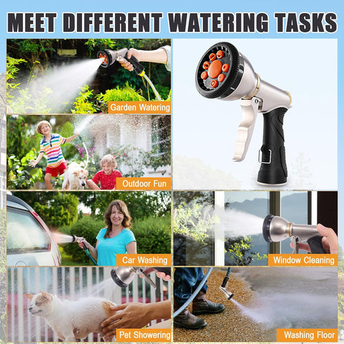 AOVOX Garden Hose Nozzle Sprayer, 9 Adjustable Spray Patterns, Full Metal Heavy‑Duty Hose Sprayer with Non‑Slip Rubber Grip for Outdoor Watering.