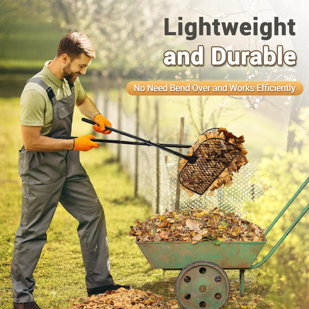 AOVOX Leaf Grabber Rake, Lightweight Metal Long‑Handle Garden Tool, No Bending Over for Yard & Lawn Cleanup.