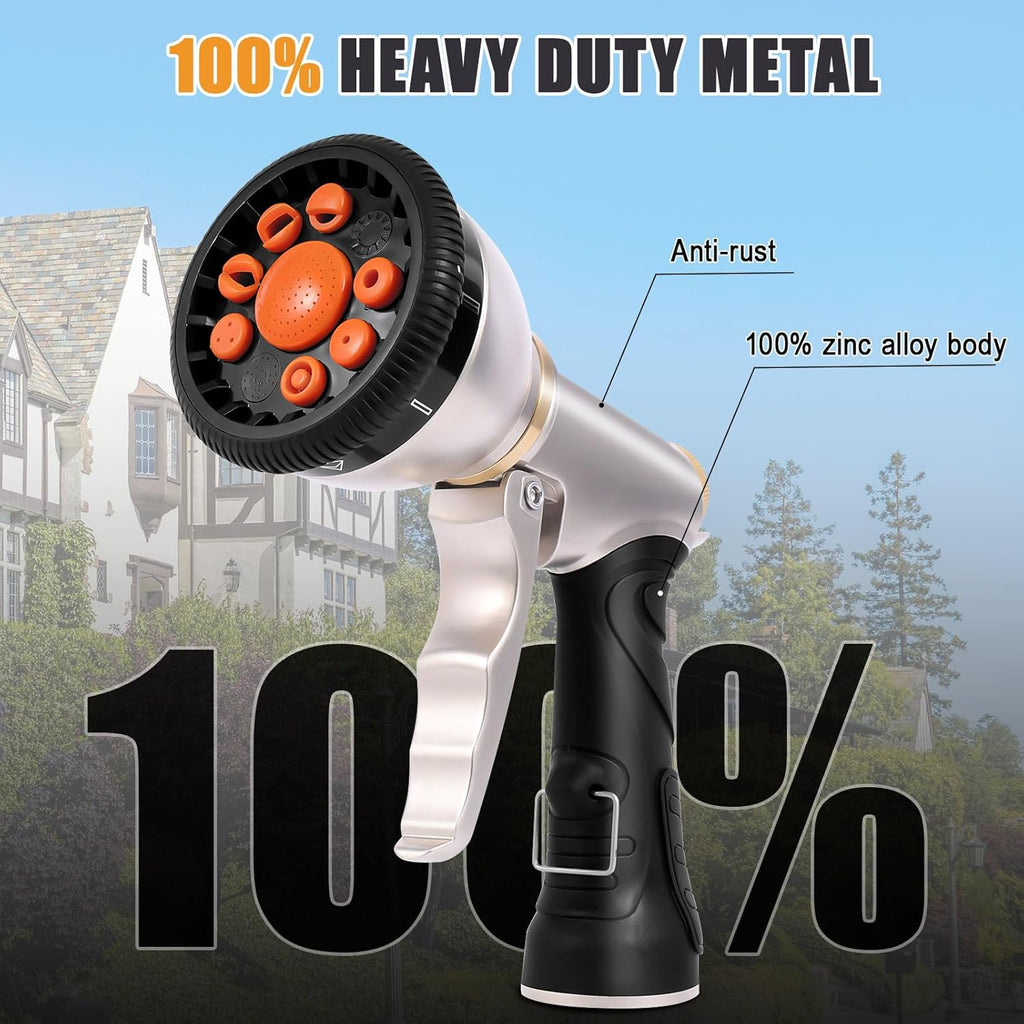 AOVOX Garden Hose Nozzle Sprayer, 9 Adjustable Spray Patterns, Full Metal Heavy‑Duty Hose Sprayer with Non‑Slip Rubber Grip for Outdoor Watering.