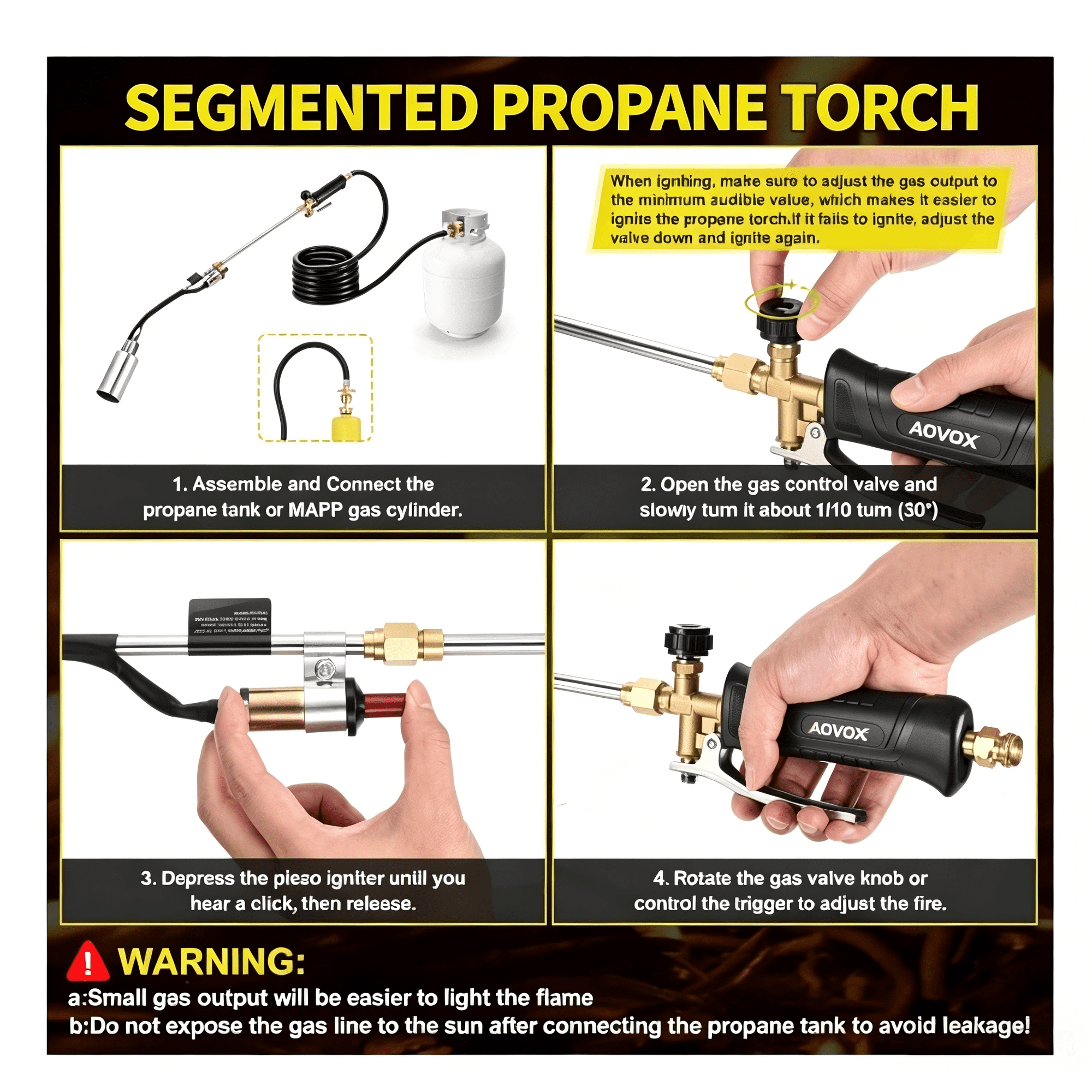 AOVOX Propane Torch Weed Burner Kit with Hose - Adjustable Flame Control, Empty Torch Only (Fuel Tank Not Included), for Garden Weeding, Roofing & Snow Melting.