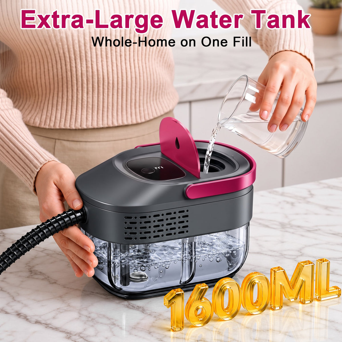 Powerful Steam Cleaner – 15s Heat-Up 2500W Handheld Steamer with 3-Level Adjustable Handle 1.6L Tank & 16 Accessories – Portable Steamer for Home, Car, Grease, Grout, Tile & Upholstery