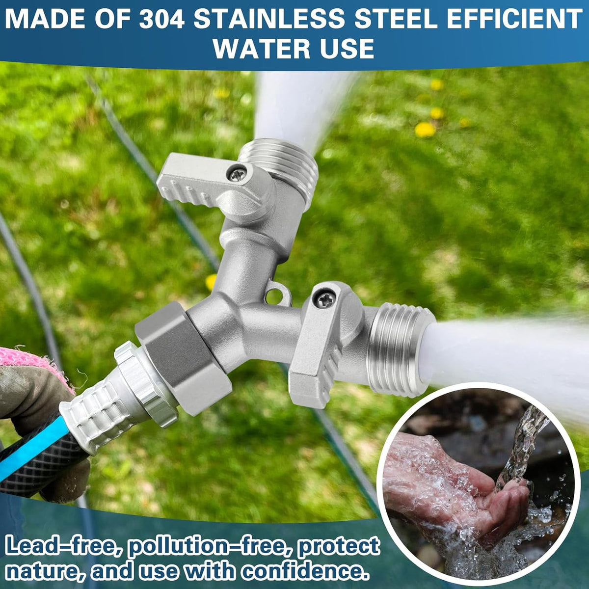 AOVOX 2‑Way Garden Hose Y Splitter, 304 Stainless Steel Lead‑Free Heavy‑Duty 3/4 in Full Flow Water Splitter.