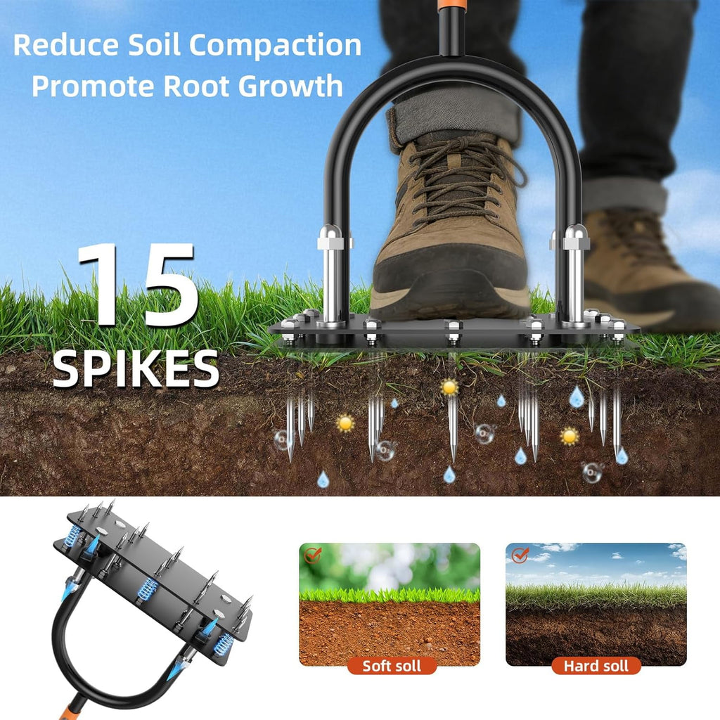 AOVOX Manual Lawn Aerator, Heavy‑Duty T‑Handle Adjustable 32‑35 in, 15 Spikes with Auto Dirt Ejection for Yard Grass.