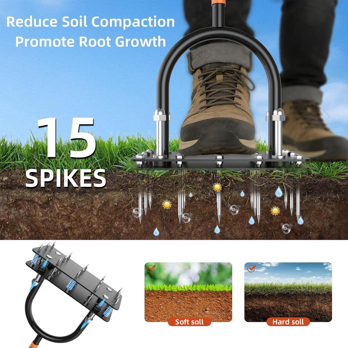 AOVOX Manual Lawn Aerator, Heavy‑Duty T‑Handle Adjustable 32‑35 in, 15 Spikes with Auto Dirt Ejection for Yard Grass.