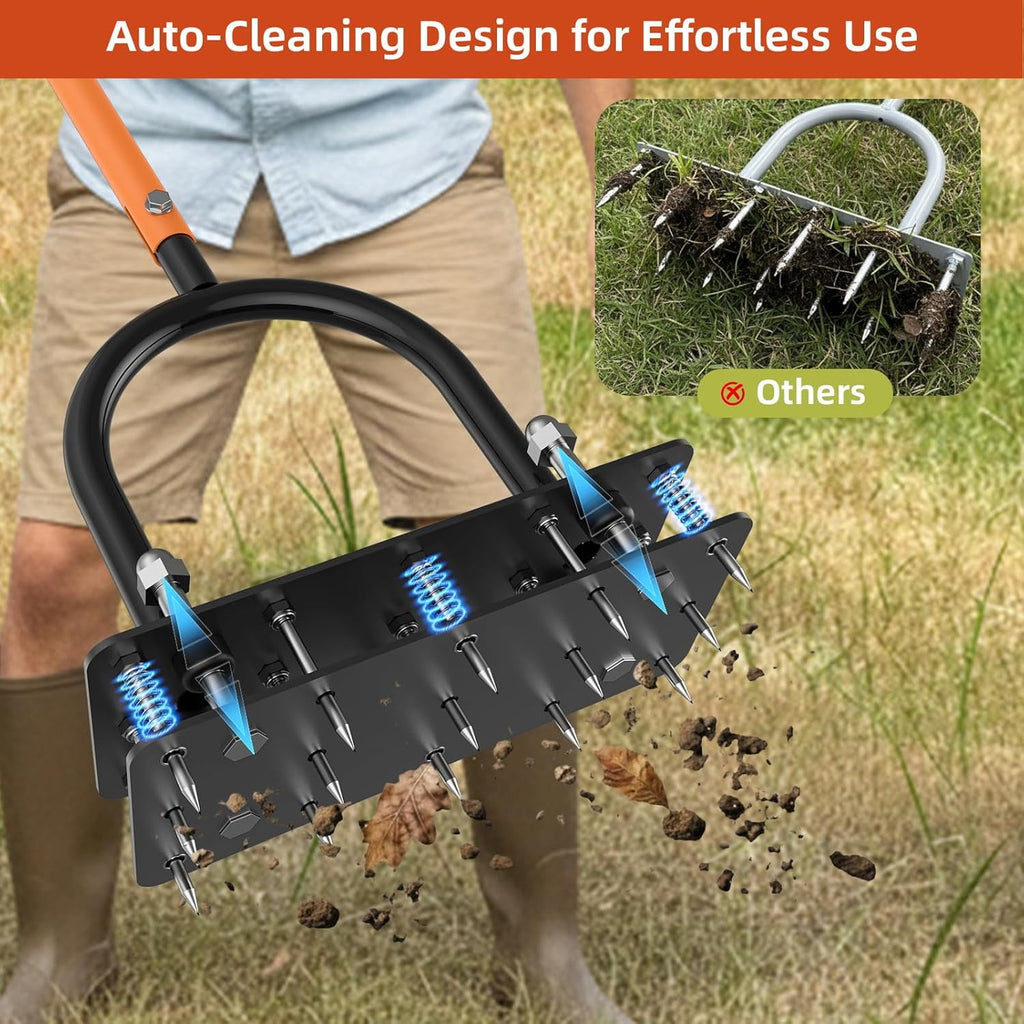 AOVOX Manual Lawn Aerator, Heavy‑Duty T‑Handle Adjustable 32‑35 in, 15 Spikes with Auto Dirt Ejection for Yard Grass.