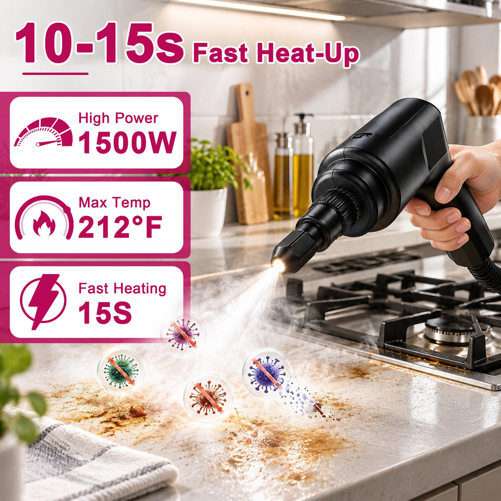 Powerful Steam Cleaner – 15s Heat-Up 2500W Handheld Steamer with 3-Level Adjustable Handle 1.6L Tank & 16 Accessories – Portable Steamer for Home, Car, Grease, Grout, Tile & Upholstery