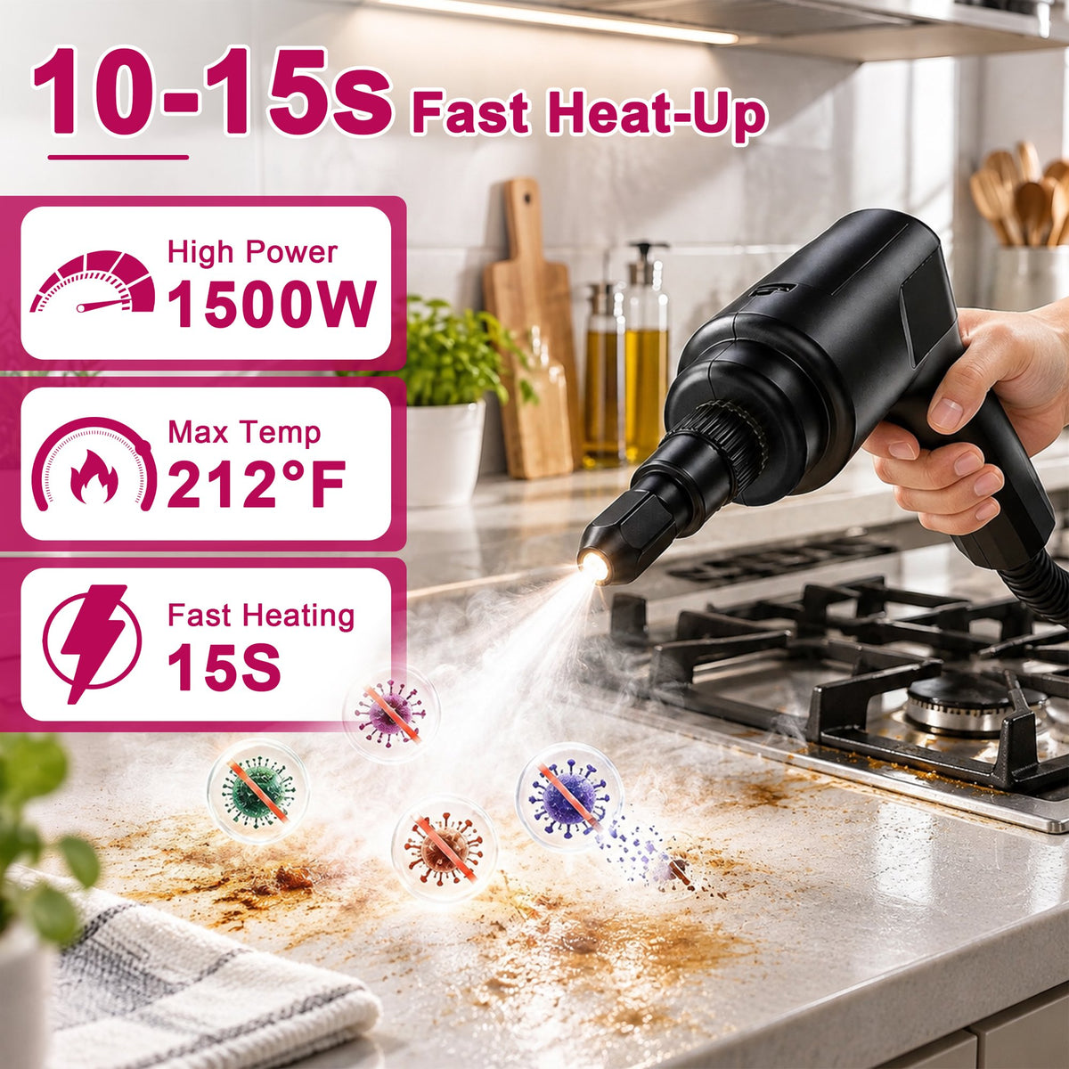 Powerful Steam Cleaner – 15s Heat-Up 2500W Handheld Steamer with 3-Level Adjustable Handle 1.6L Tank & 16 Accessories – Portable Steamer for Home, Car, Grease, Grout, Tile & Upholstery