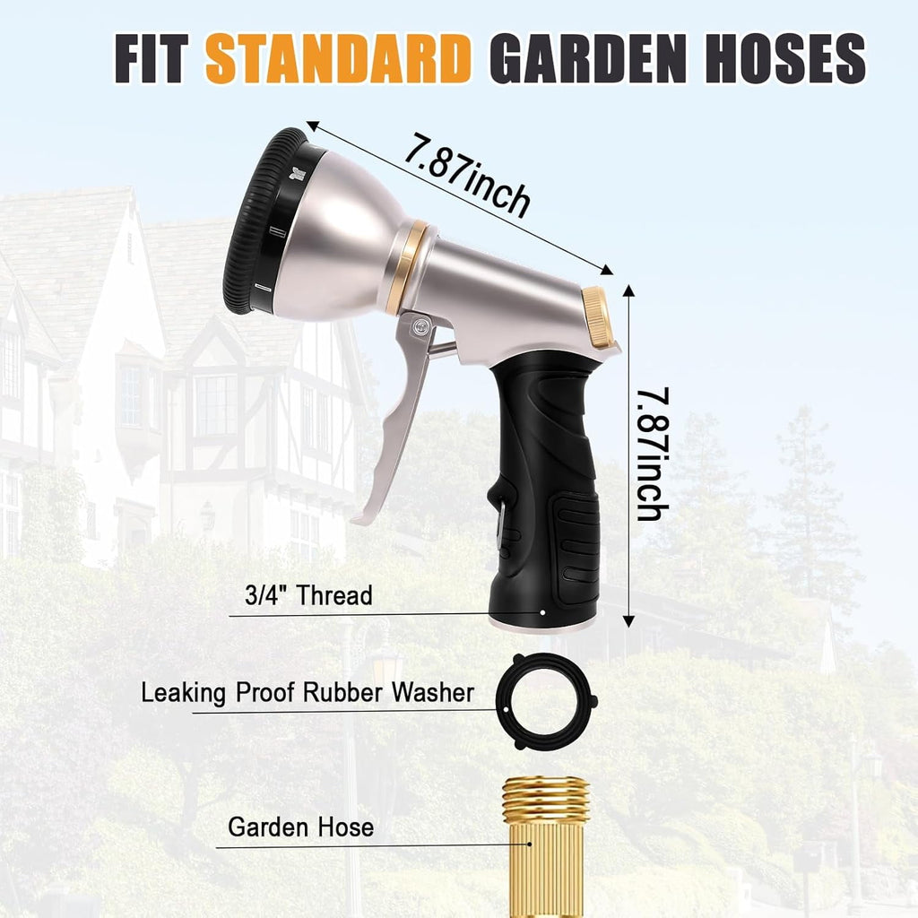 AOVOX Garden Hose Nozzle Sprayer, 9 Adjustable Spray Patterns, Full Metal Heavy‑Duty Hose Sprayer with Non‑Slip Rubber Grip for Outdoor Watering.