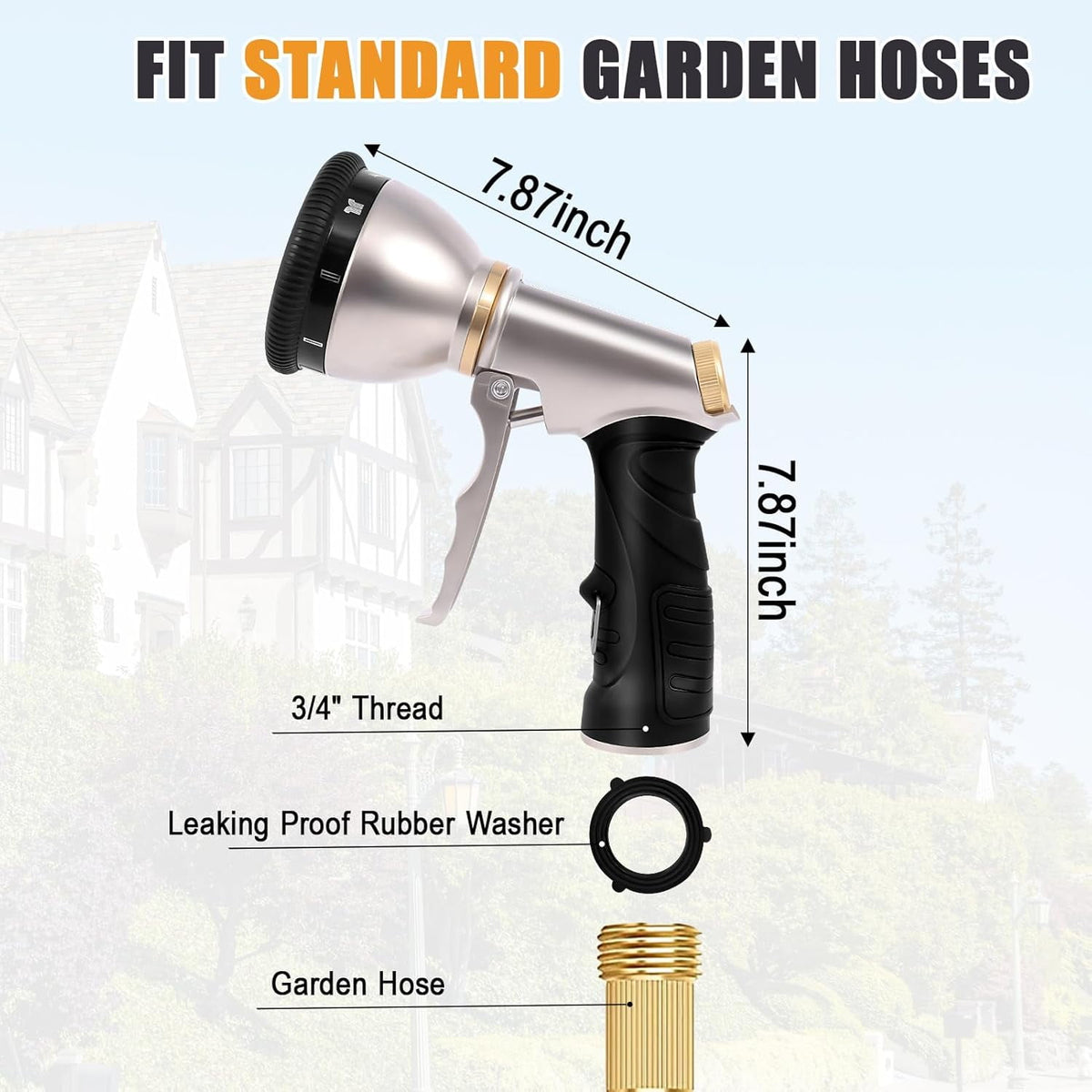 AOVOX Garden Hose Nozzle Sprayer, 9 Adjustable Spray Patterns, Full Metal Heavy‑Duty Hose Sprayer with Non‑Slip Rubber Grip for Outdoor Watering.