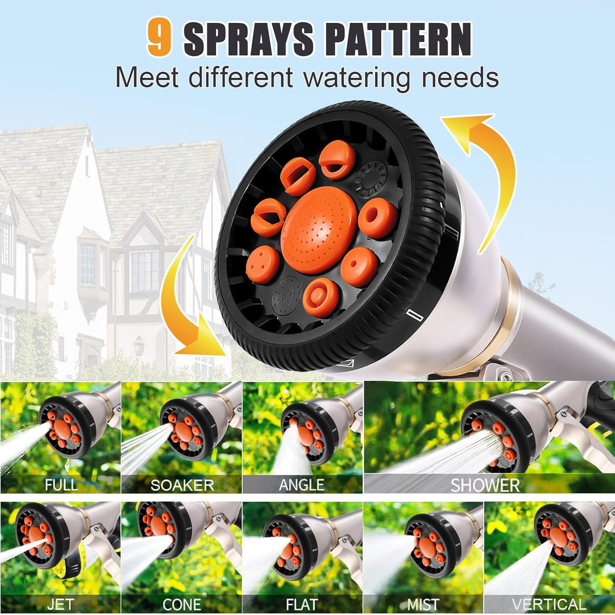 AOVOX Garden Hose Nozzle Sprayer, 9 Adjustable Spray Patterns, Full Metal Heavy‑Duty Hose Sprayer with Non‑Slip Rubber Grip for Outdoor Watering.