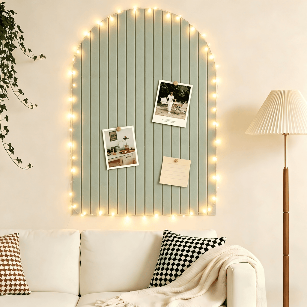 Felt Bulletin Board Arched 36"x24" with LED String Lights, Self Adhesive Pin Board Wall Decor with Push Pins, Sage Green.