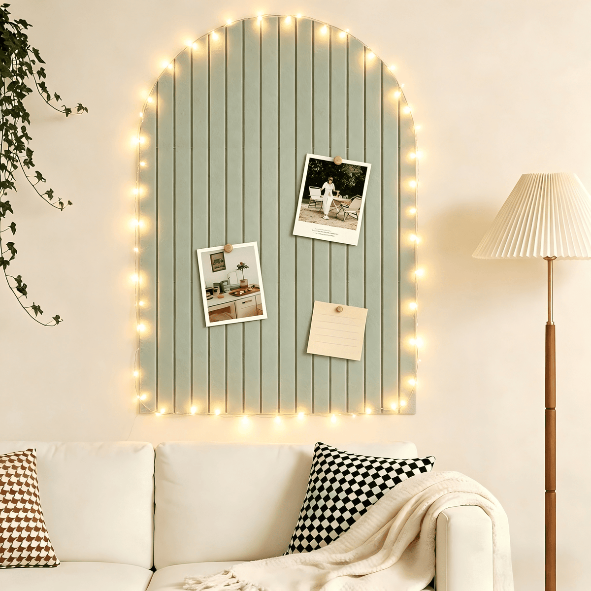 Felt Bulletin Board Arched 36"x24" with LED String Lights, Self Adhesive Pin Board Wall Decor with Push Pins, Sage Green.