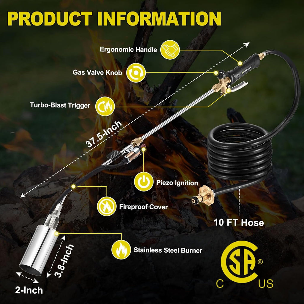 AOVOX Propane Torch Weed Burner Kit with Hose - Adjustable Flame Control, Empty Torch Only (Fuel Tank Not Included), for Garden Weeding, Roofing & Snow Melting.