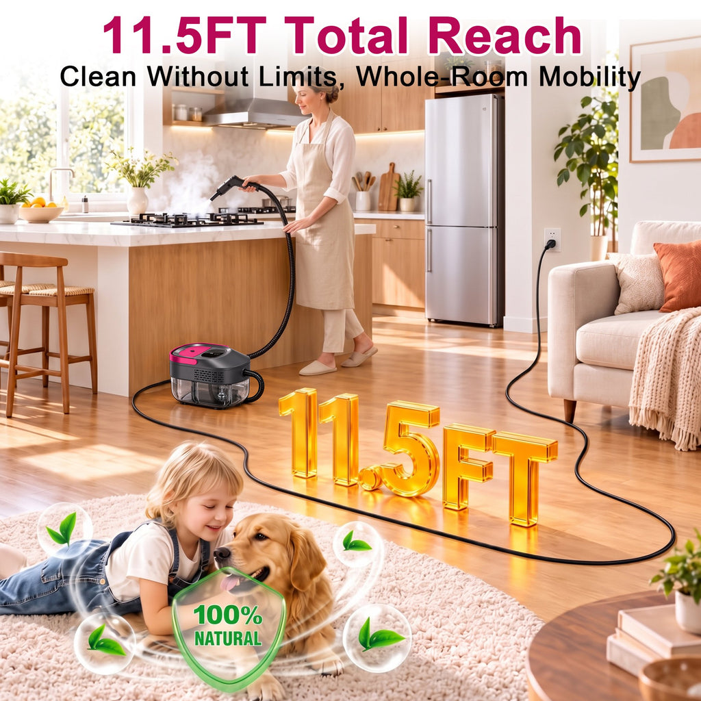 Powerful Steam Cleaner – 15s Heat-Up 2500W Handheld Steamer with 3-Level Adjustable Handle 1.6L Tank & 16 Accessories – Portable Steamer for Home, Car, Grease, Grout, Tile & Upholstery