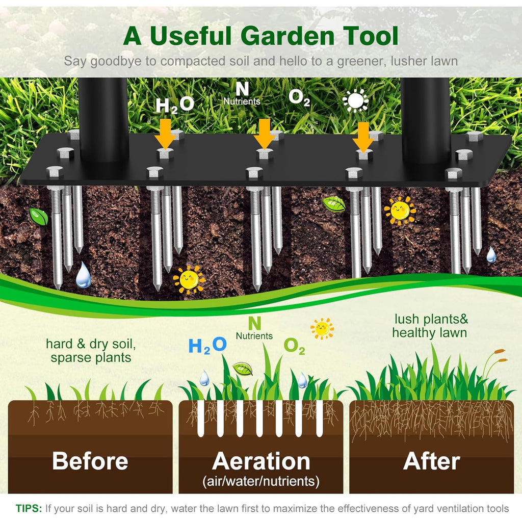 AOVOX Lawn Aerator Manual Grass Aeration Tool with Spare Spikes for Backyard Soil Loosening.