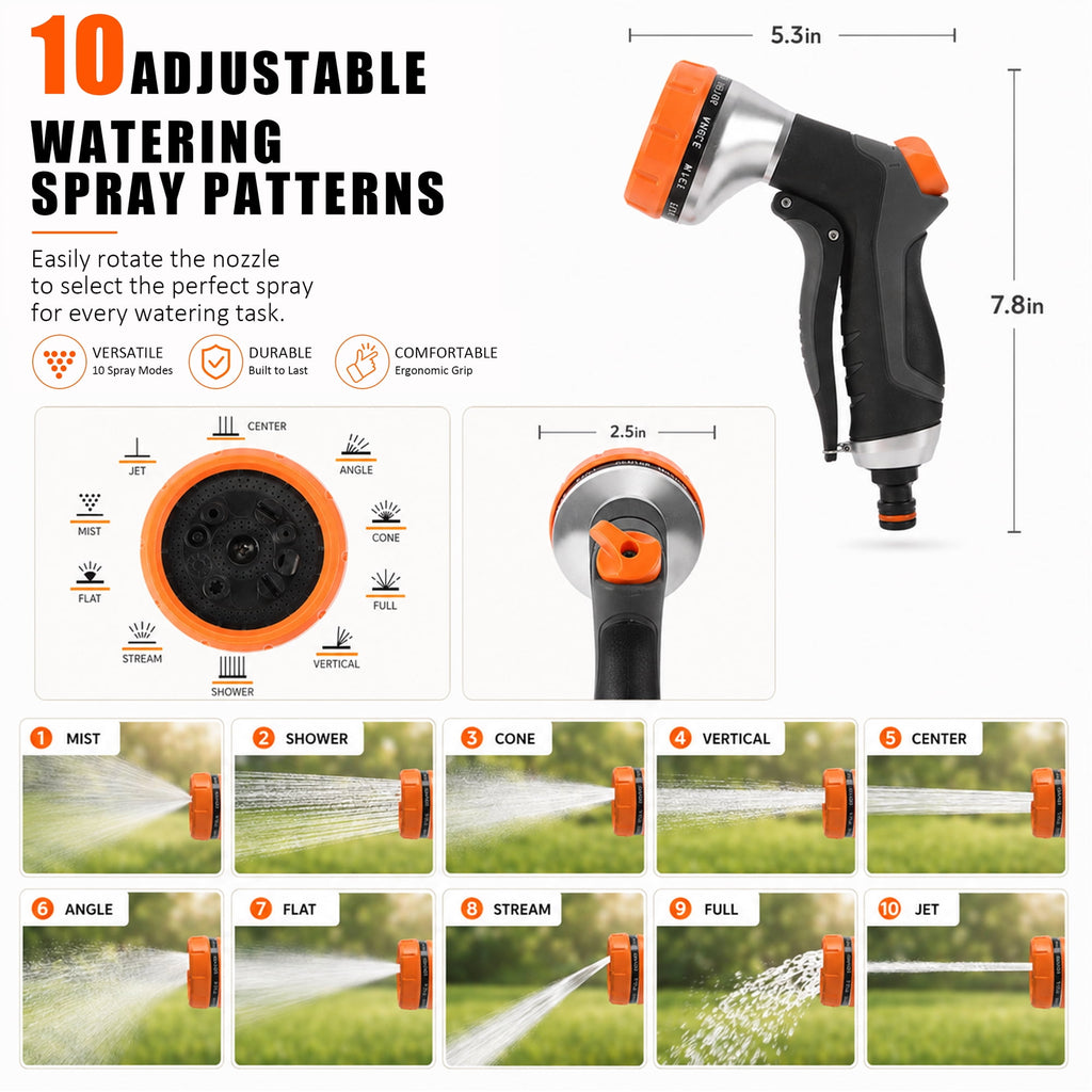 AOVOX 2 Pack Garden Hose Nozzle: High Pressure Water Hose Sprayer with 10 & 2 Spray Patterns - Lightweight & Rust-Proof Handheld Spray Gun (Black)