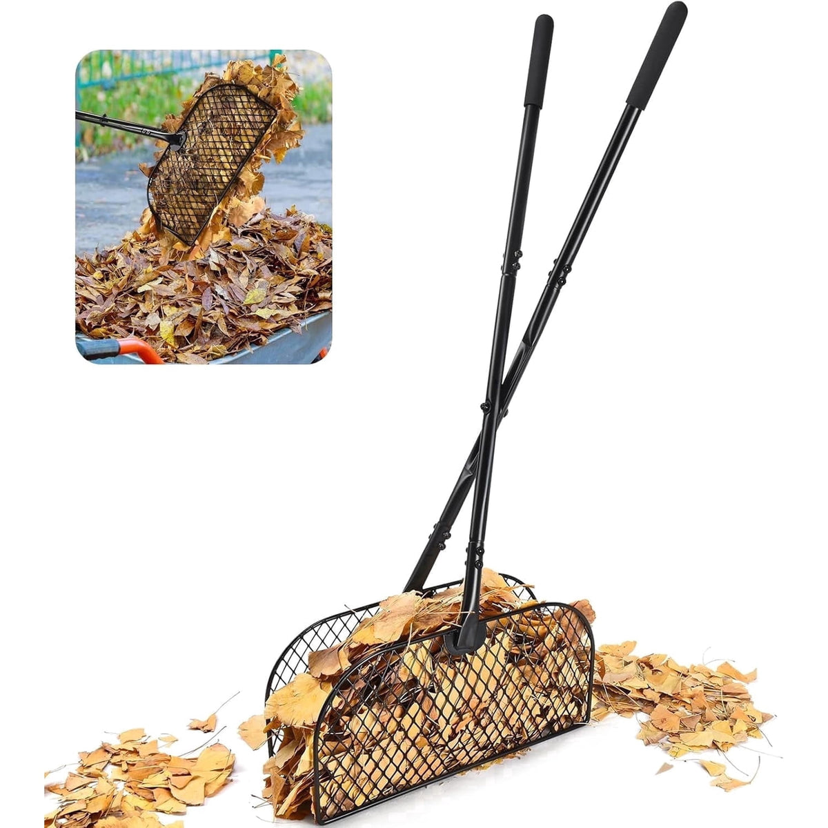 AOVOX Leaf Grabber Rake, Lightweight Metal Long‑Handle Garden Tool, No Bending Over for Yard & Lawn Cleanup.