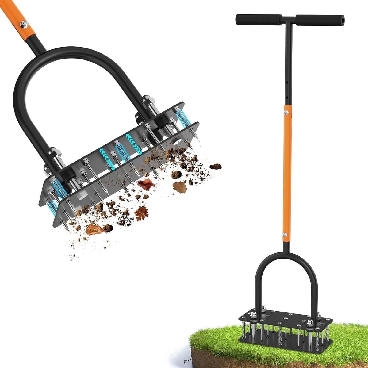 AOVOX Manual Lawn Aerator, Heavy‑Duty T‑Handle Adjustable 32‑35 in, 15 Spikes with Auto Dirt Ejection for Yard Grass.