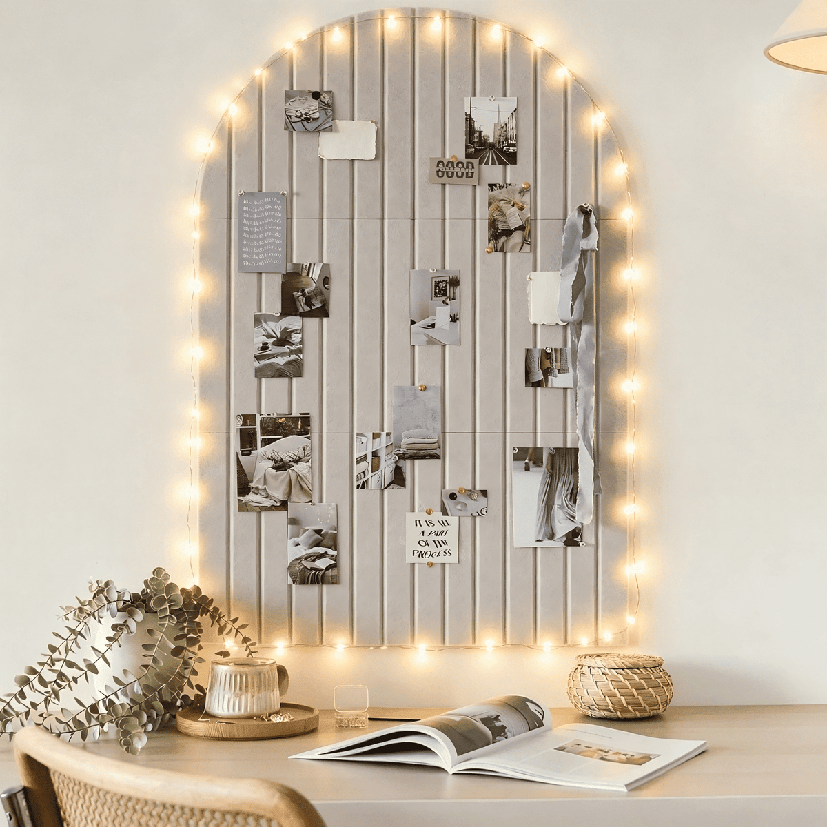 Felt Bulletin Board Arched 36"x24" with LED String Lights, Self Adhesive Pin Board Wall Decor with Push Pins, Gray.