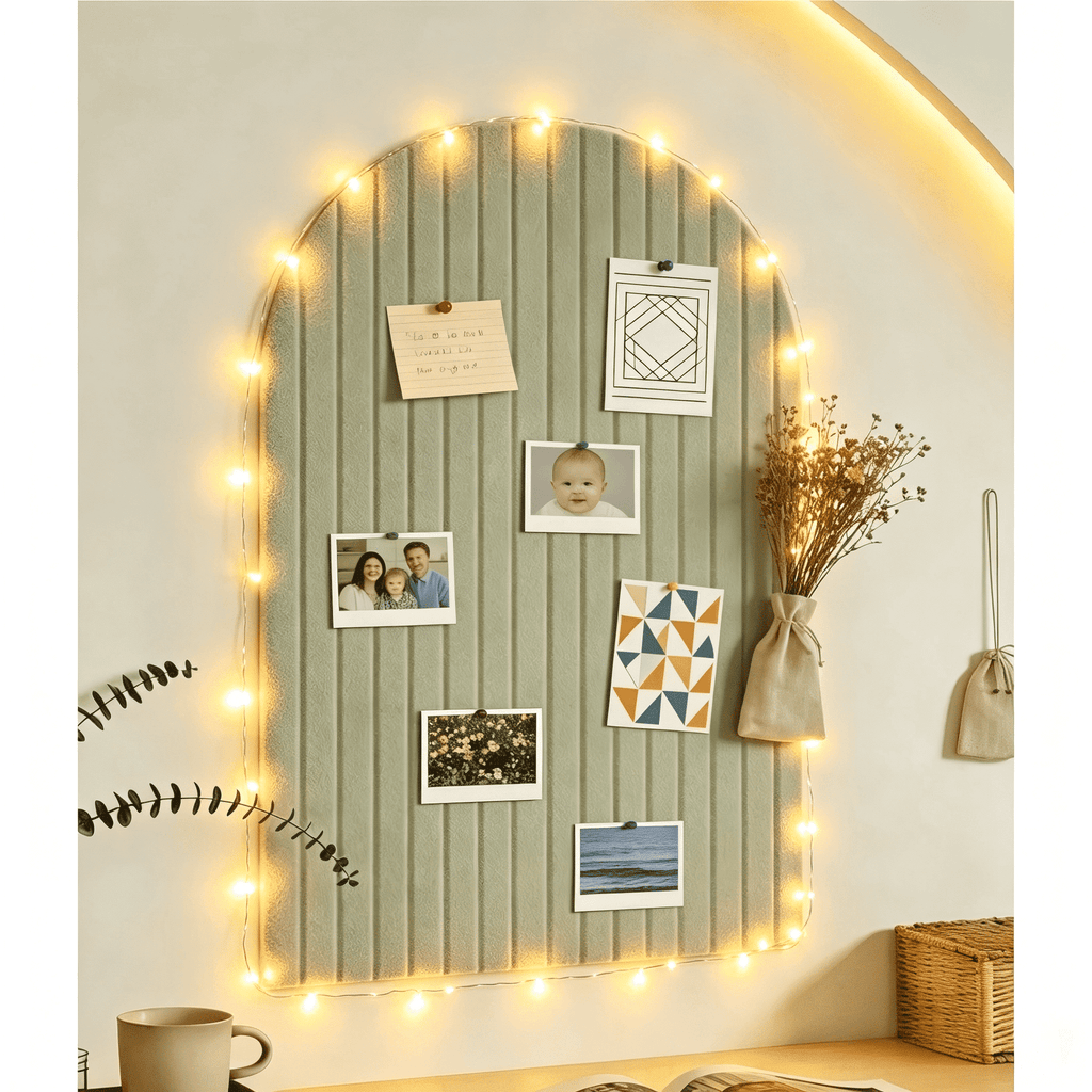 Felt Bulletin Board Arched 36"x24" with LED String Lights, Self Adhesive Pin Board Wall Decor with Push Pins, Sage Green.
