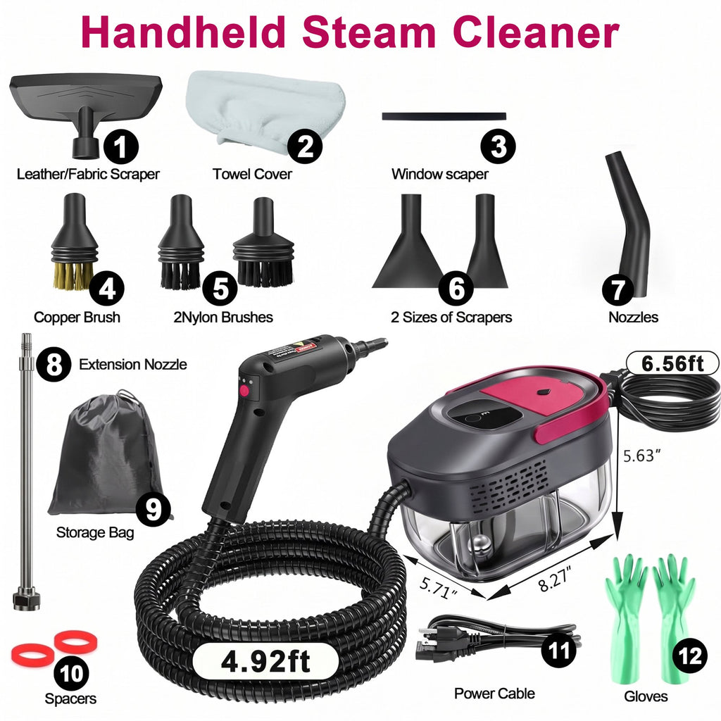 Powerful Steam Cleaner – 15s Heat-Up 2500W Handheld Steamer with 3-Level Adjustable Handle 1.6L Tank & 16 Accessories – Portable Steamer for Home, Car, Grease, Grout, Tile & Upholstery