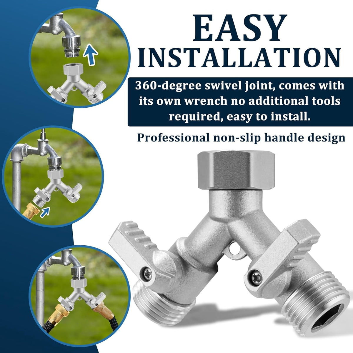 AOVOX 2‑Way Garden Hose Y Splitter, 304 Stainless Steel Lead‑Free Heavy‑Duty 3/4 in Full Flow Water Splitter.