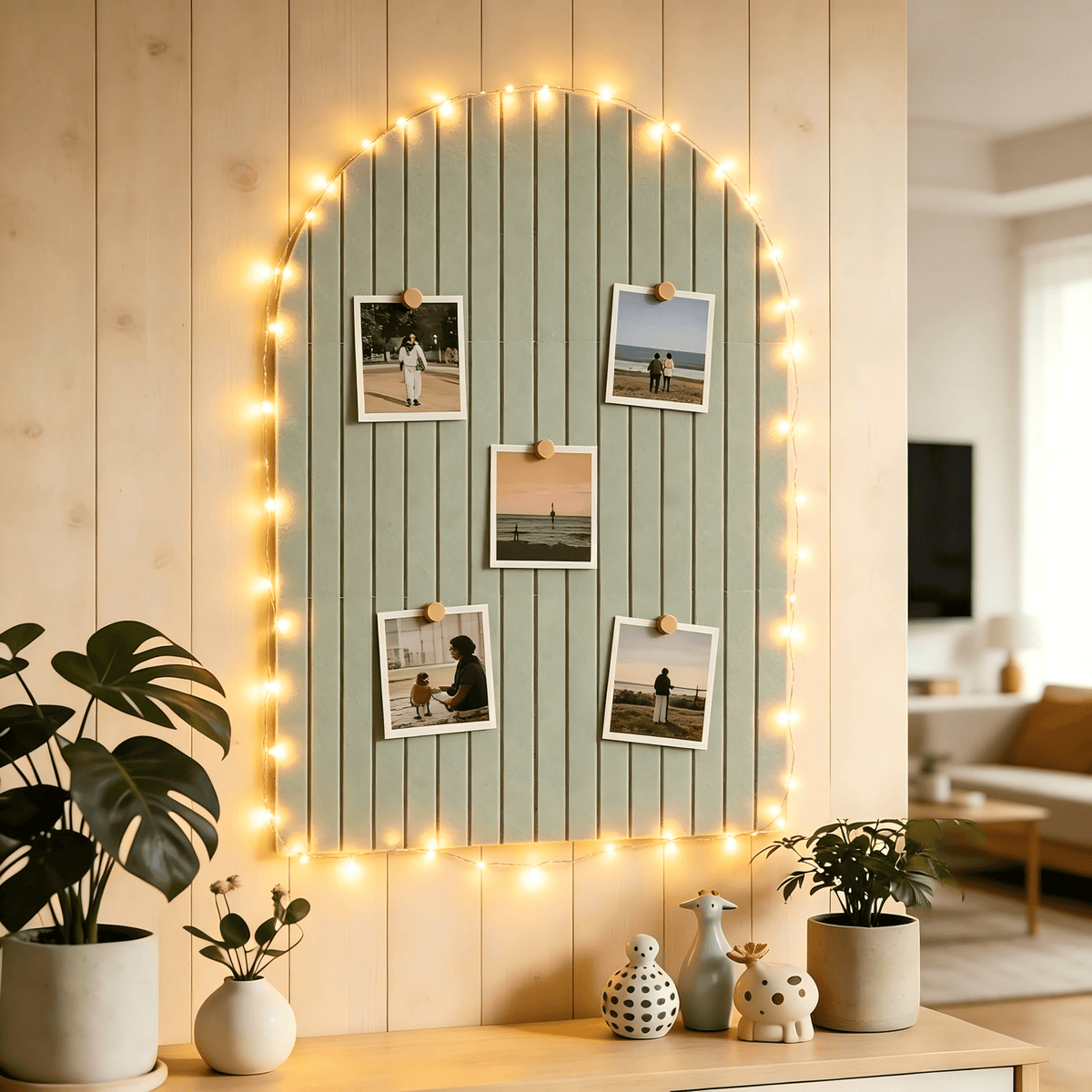 Felt Bulletin Board Arched 36"x24" with LED String Lights, Self Adhesive Pin Board Wall Decor with Push Pins, Sage Green.