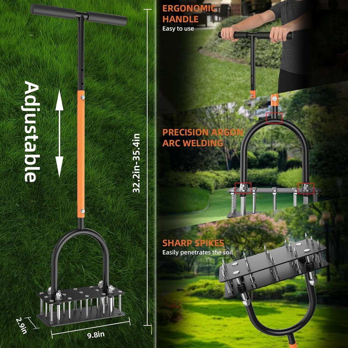 AOVOX Manual Lawn Aerator, Heavy‑Duty T‑Handle Adjustable 32‑35 in, 15 Spikes with Auto Dirt Ejection for Yard Grass.