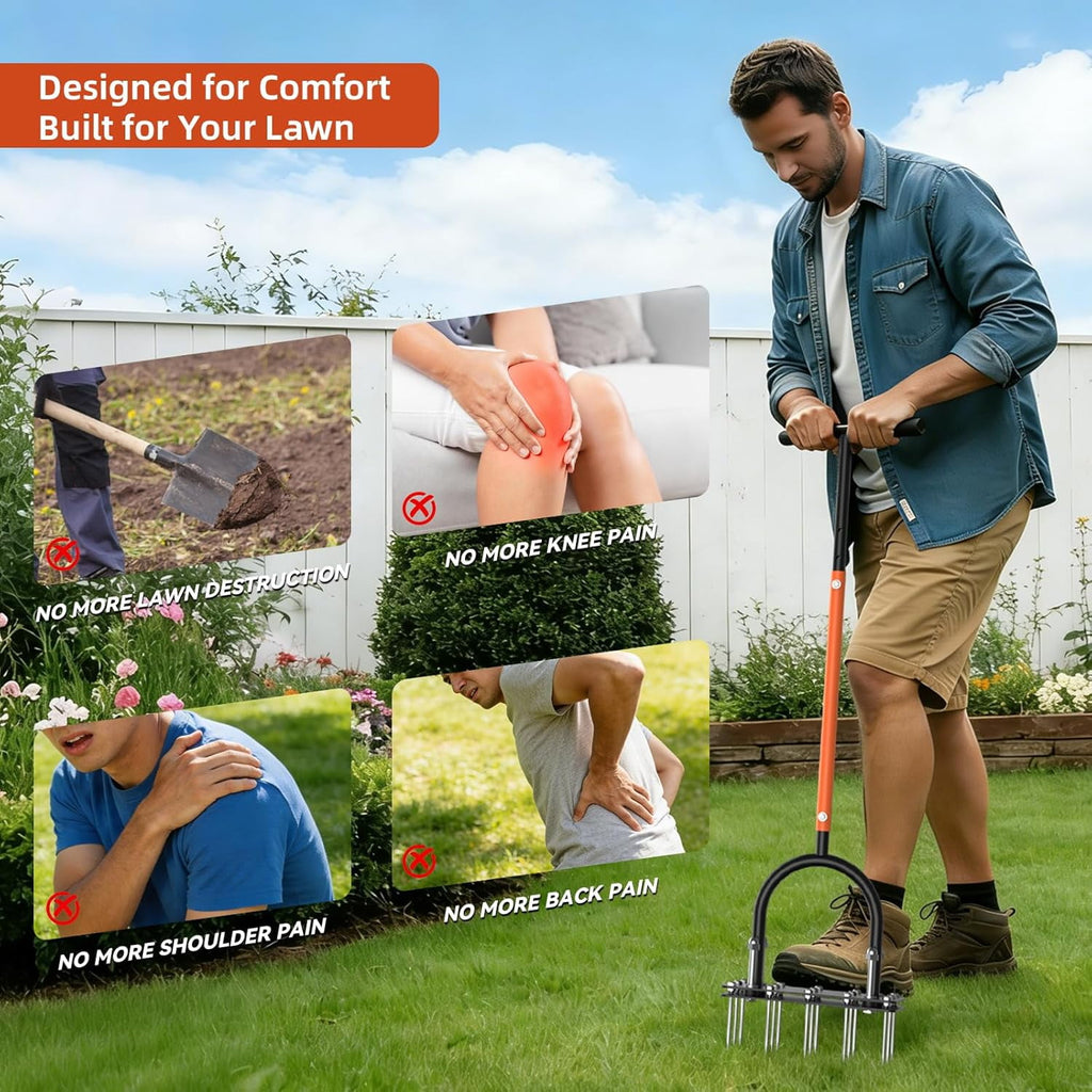 AOVOX Manual Lawn Aerator, Heavy‑Duty T‑Handle Adjustable 32‑35 in, 15 Spikes with Auto Dirt Ejection for Yard Grass.