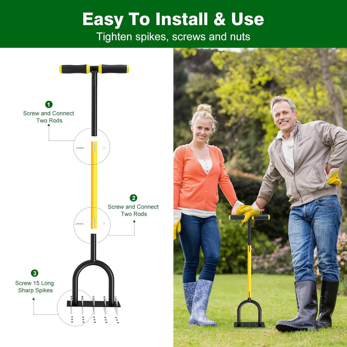 AOVOX Lawn Aerator Manual Grass Aeration Tool with Spare Spikes for Backyard Soil Loosening.