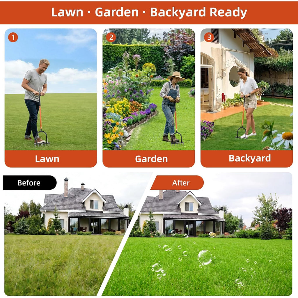 AOVOX Manual Lawn Aerator, Heavy‑Duty T‑Handle Adjustable 32‑35 in, 15 Spikes with Auto Dirt Ejection for Yard Grass.