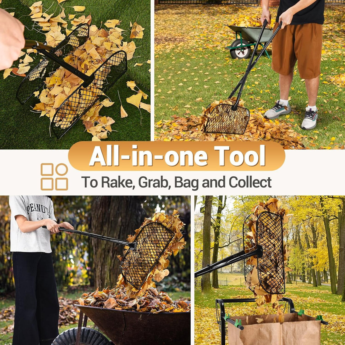 AOVOX Leaf Grabber Rake, Lightweight Metal Long‑Handle Garden Tool, No Bending Over for Yard & Lawn Cleanup.