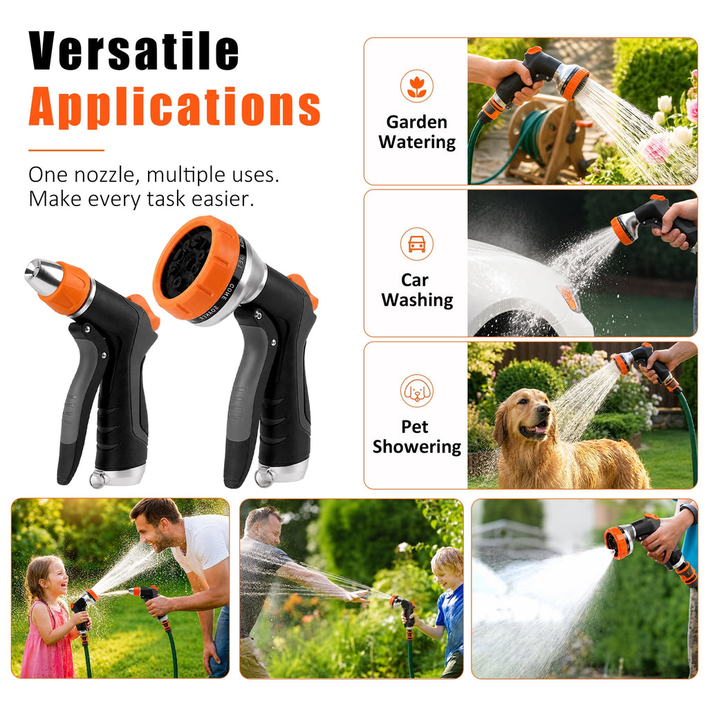 AOVOX 2 Pack Garden Hose Nozzle: High Pressure Water Hose Sprayer with 10 & 2 Spray Patterns - Lightweight & Rust-Proof Handheld Spray Gun (Black)
